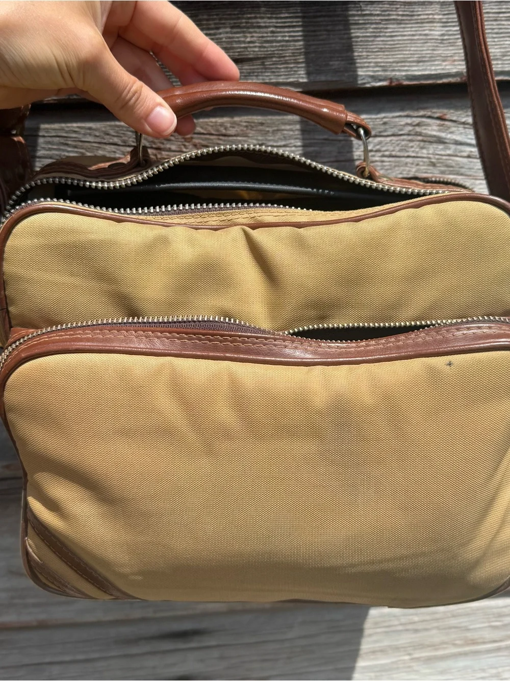 Canvas Travel Messenger Camera Bag, Tan and Brown, zippered, vintage retro